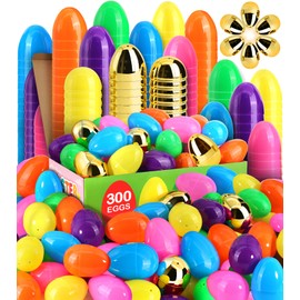 SURCVIO [6 Surprise Golden Eggs] 300 Pack 2.3 Inch Plastic Easter Eggs, Empty Easter Eggs Fillable, Bright Colors Plastic Eggs Bulks for Easter Hunt, Easter Party Favor, Basket Stuffers Fillers