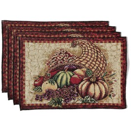 Violet Linen Fall Harvest Thanksgiving Autumn Leaves Sunflowers Polyester Cotton Woven Tapestry Decorative Place Mats, 13 Inch X 19 Inch, Rectangler Set of 4, Cornucopia