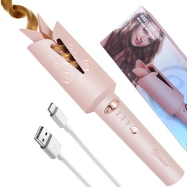 Hatteker Wave Hair Styling Tool USB Rechargeable Rotating Auto-Curl Hair Curler 25MM Curling Ironscolor: Pink, plug type: USB, voltage: 220-240V