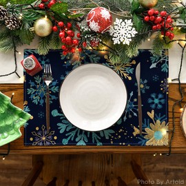 Artoid Mode Blue Snowflakes Hexagon Winter Placemats Set of 4, 12x18 Inch Seasonal Christmas Table Mats for Party Kitchen Dining Decor