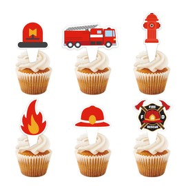12 Pcs Fire Truck Cupcake Toppers, Firetruck Theme Birthday Baby Shower Party Decorations, Fireman Birthday Decors, Fire Engine Rescue Theme Party for Kids