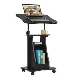 Tangkula Mobile Lectern Podium, Height Adjustable Podium Stand, Standing Sit-to-Stand Desk, Rolling Cart Laptop Desk with Swivel Top Movable Wheels & Storage