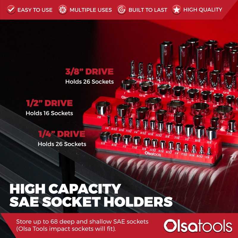 Olsa Tools Magnetic Socket Organizer - 3-Piece Drive SAE Socket