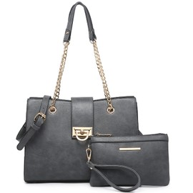 Dasein Women Fashion Tote Bags Handbag Purse Chain Shoulder Bag Top Handle Bag Hobo With Matching Clutch (Grey)