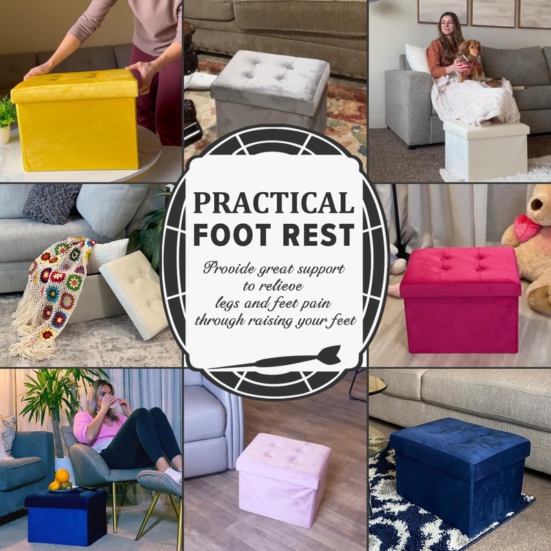 LINMAGCO Storage Ottoman Folding Foot Stool Velvet Foot Rest with