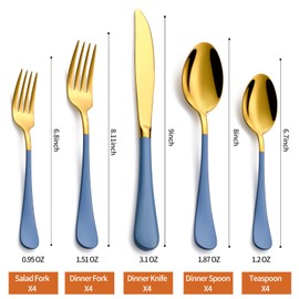Lekoton 20 Piece Gold and Blue 18/0 Flatware Utensil Set for 4, Include Dinner Knife,Dinner Forks,Dinner Spoons,Salad Forks,Teaspoons,Silverware Set for 4, Dishwasher Safe