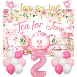 Sursurprise Tea Party Decorations for Girls, Tea for Two Backdrop, Teapot Teacup Banner, Number 2, Floral Butterfly Afternoon Tea 2nd Birthday Party Supplies