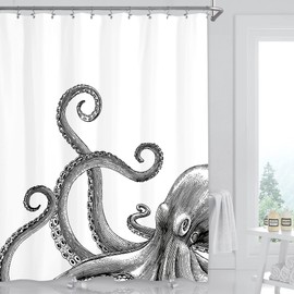 Miyotaa Octopus Kraken Shower Curtain Set 60Wx71H Inches Nautical Ocean Tentacles Sea Creatures Mythical Black White Polyester Waterproof Bathroom Curtain with 12 Hooks