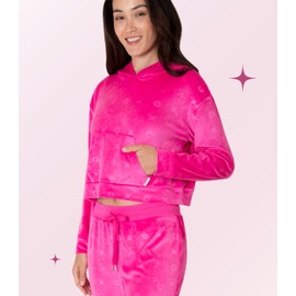 Paris Hilton Women's Lounge Set Embellished Velour Pullover Hoodie and Wide Leg Pants, Hot Pink, Small