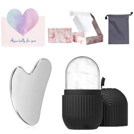 Juego de herramientas de masaje facial de dos piezas: Set de rodillo de silicona y Gua Sha de acero inoxidable con bolsa de almacenamiento, herramienta de compresa fría facial reutilizable. (negro)