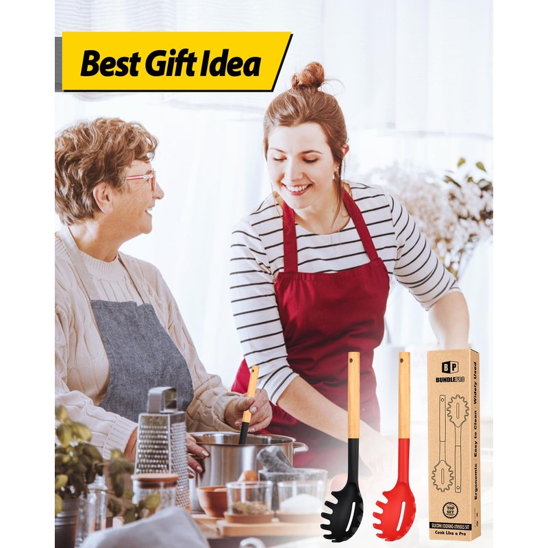 Pack of 2 Spaghetti Spoon, Silicone Pasta Fork with Wooden