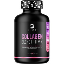 Colágeno Hidrolizado Tipo I, II, III, V y X de 90 Cápsulas 1000 mg por porción. Adicionado con Vitamina C y Ácido Hialurónico. Ingredientes Naturales. Collagen Blend I, II, III, V X B Life