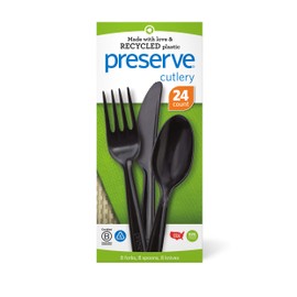 Preserve Recycled Plastic Cutlery Made in USA, 24 Count (8 Forks, 8 Knives, 8 Spoons), Black