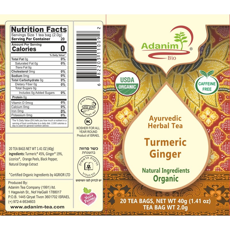 Adanim Bio Ginger Turmeric Tea, Value Pack 80 Teabags, Caffeine-free