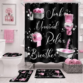 Cinbloo 4Pcs Black Pink Shower Curtain Set, Fashion Funny Quotes Positive Inspirational Words Modern Bathroom Curtain with Rug, Toilet Lid Cover, Bath Mat, Women Girls Shower Curtain with 12 Hooks