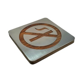 Letrero NO FUMAR⎜Señalamiento Prohibido fumar⎜Cartel No Smoking ⎜14 cm, Acero inoxidable y Madera⎜Instalación con cinta adhesiva. (Heavy)