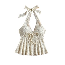 GORGLITTER Women's Lace Trim Tie Front Going Out Tops Swiss Dots Backless Ruffle Hem Summer Halter Vest Top 2025 Apricot Small