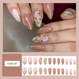 EYZOTSF Press on Almond Nails Medium Length Glossy Full Cover Acrylic Almond Shaped False Nails with Designs Artificial Fake Nail with Charms Glue Stick ons Fingernails for Women Girls(FL081)