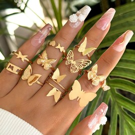 Xeyau Gold Rings Set for Women Vintage Gold Stacking Knuckle Rings Boho Trendy Dainty Cute Sparkling Aesthetic Finger Rings Jewelry Prom Costume Accessories (G-Butterfly-Gold)