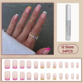 24pcs Cute Rainbow False Nails - Short Square Stick-on with Glue - Cover Tips - Artificial Finger Manicure for Women and Girls
