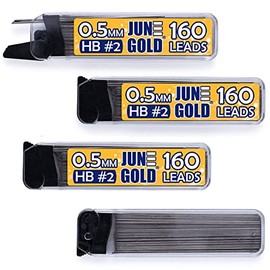 June Gold 640 Pieces, 0.5 mm HB #2 Lead Refills, 160 Pieces Per Tube, Fine Thickness, Break Resistant Lead/Graphite (Pack of 4 Dispensers)