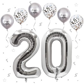 Silver Balloons - 20 Pieces, Including 2 & 0 Foil Numbers, with Metal and Confetti, Perfect for 20th Birthday Decorations