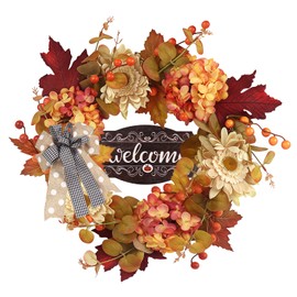 Fall Wreaths for Front Door Outside Decor, 20" Chrysanthemum Red Berry Maple Leaves Wreath Decorations with Bow and Hanging Sign for Thanksgiving Home Outdoor Indoor Porch Harvest Autumn