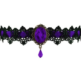 Velvet Gothic Steampunk Victorian Choker Crochet Lace Necklace Pendant with Adjustable Chain (Purple)