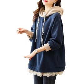 NEKORA Women's Hoodie, Pullover, Hooded, Lace, Top, Faux Pearl, navy