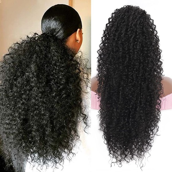 Youthfee 27” Drawstring Ponytail Deep Curly Heat Resistant Synthetic Instant Clip Ponytail Extension Protective Style Afro Kinky Curly Hair Pieces for Women