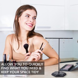 Luxiremi Jewellery Organiser Stand, T-Bar Necklace Display Stand Earrings Holder Metal Hanging Pendant Rack with Marble Pattern Tray, Jewelry Display Stand for Bracelets Rings Watches Keys (Black)