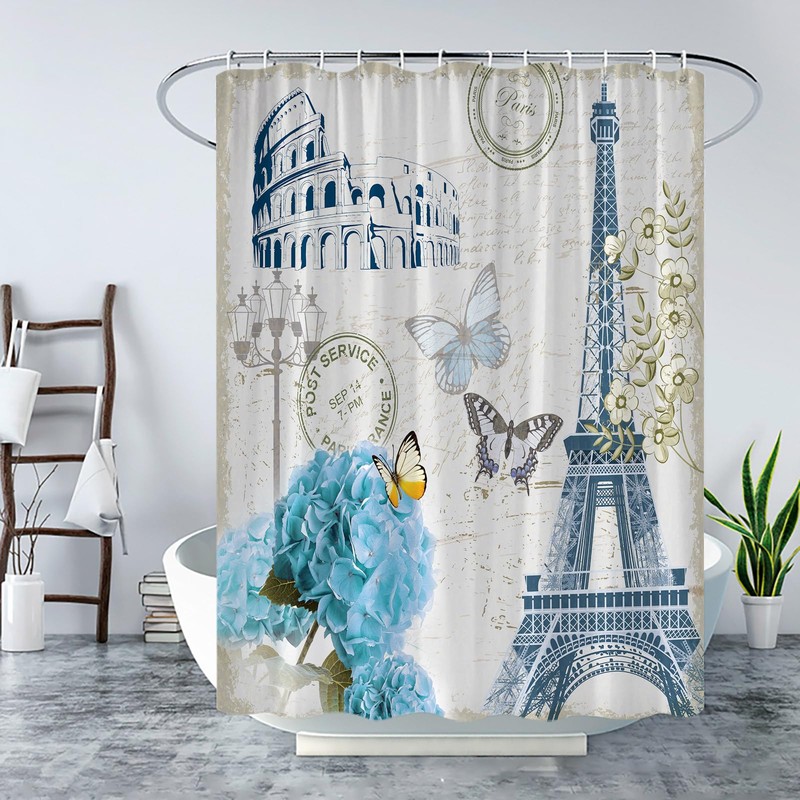 Generic Paris Eiffel Tower Shower Curtain Vintage French Blue Floral