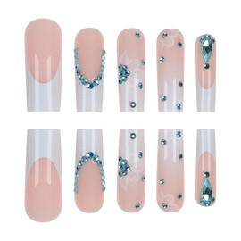Long Press Blue French Tip False Nails with 3D Flower Designs, Glue on, Bling Rhinestones, Artificial, Full Cover, Glossy Acrylic Stick on Nails for Women - 24 Pcs