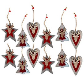 Robelli Pack of 12 Wooden Red & Grey Christmas Tree Pendants (Star, Heart & Tree)