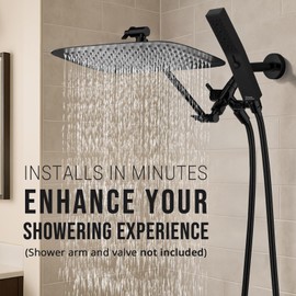 G-Promise All Metal 12 Inch Dual Square Shower Head with Handheld Spray Combo, Rain Shower Head, Adjustable Extension Arm, 3-Way Diverter, 71 Inch Extra Long Hose - A Bathroom Upgrade (Matte Black)