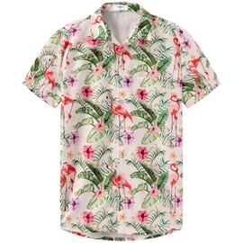 KYKU Hawaiian Button Mens Shirts: Summer Short Sleeve Beach Casual Clothing: Tropical Clothes Flamingos Beige M