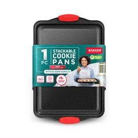 BAKKEN Kitchen Baking Pans - 15.15 x 10.03" Medium Nonstick Sheet, Durable Carbon Steel Cookie Sheet with Red Silicone Handles, PFOA, PFOS, PTFE Free, Oven Safe Tray (Up To 450°F), Set of 1