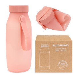BLUE GINKGO Faltbare Wasserflasche | Leichte klappbare Trinkflaschen für Reisen, Wandern, Camping | Auslaufsichere Reise-Must-Have-Silikonflasche | Hergestellt in Korea (500 ml) - Rosa
