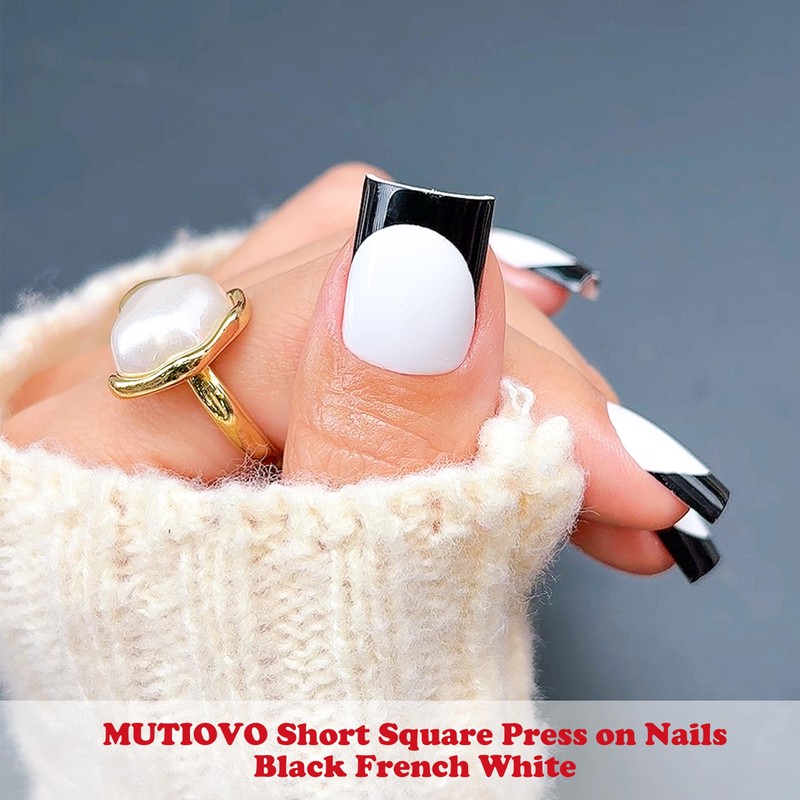Halloween Press on Nails Kit Short Square Black French White,