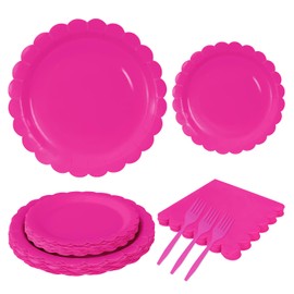MUNILAIL 96 Pcs Hot Pink Plates and Napkins Party Supplies Serve 24 Guests Including Hot Pink Scalloped Paper Plates and Napkins Plastic Forks for Baby Shower Birthday Party Disposable Dinnerware Set