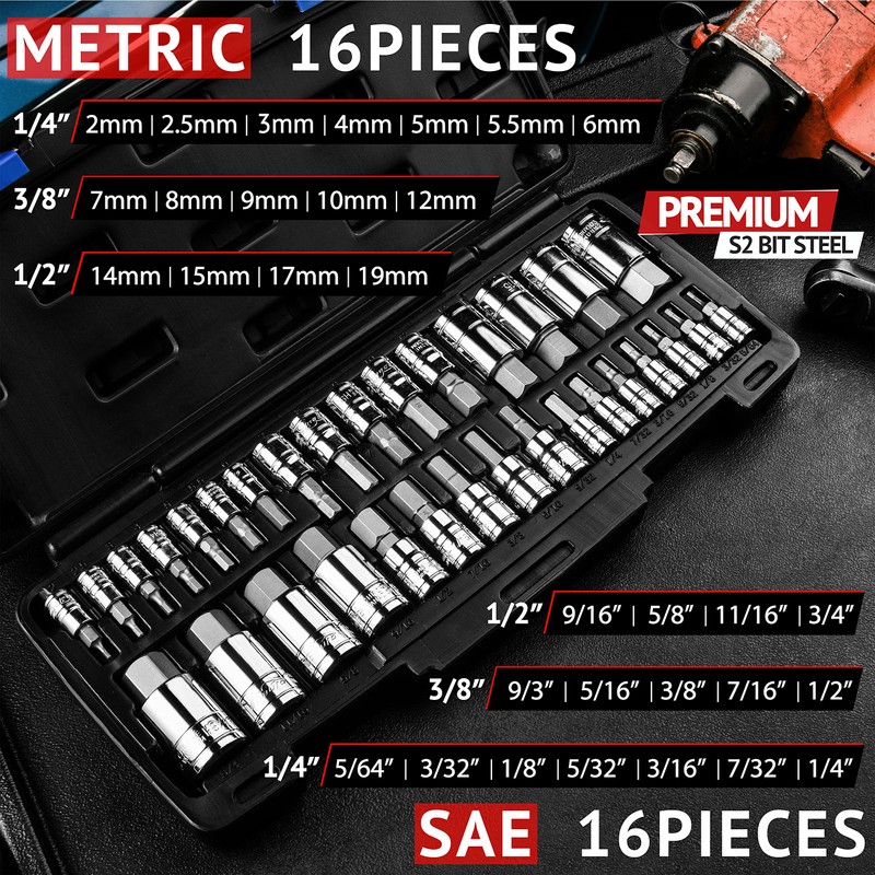 EPAuto 32 PCs Hex Bit Socket Set, SAE and Metric,
