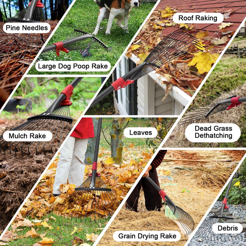 Adjustable Garden Leaf Rake - 58" Heavy Duty Metal Leaves