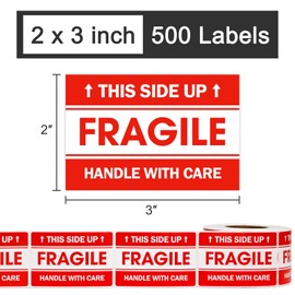 L LIKED 2"x 3" Fragile Stickers for Shipping and Moving, 500 Labels Per Roll Strong Adhesive (Handle with Care,This Side Up)
