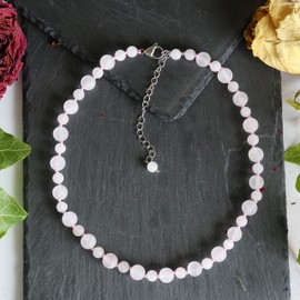 Hand Crafted Semi Precious Stone or Cultured Freshwater Pearl Collar or Choker Necklace for Women, 14" to 15" Long with 2" to 3" Extender. (matte-rose quartz)