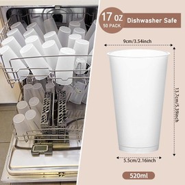 Xsdgi Pack of 50 Reusable Plastic Cups Matte White Hard Plastic Drinking Cups Party Cups 520 ml / 17 oz (Fully Filled), Dishwasher Safe, Environmentally Friendly Alternative to Disposable Cups