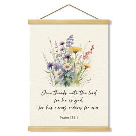 Floral Christian Wall Art, Give Thanks To The Lord For He Is Good, His Mercy Endures Forever, Psalm 136:1, Scripture Art, Christian Home Decor, Christians Hanging Banner for Wall Door Decor