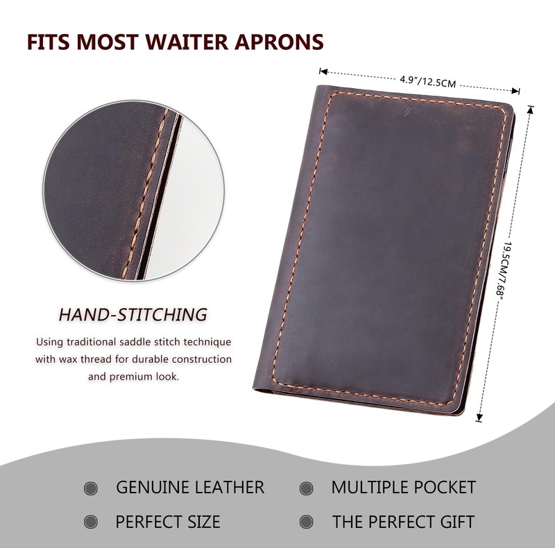 Server Book Organizer with Zipper Pocket, Genuine Leather Restaurant Guest