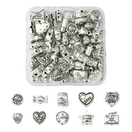 Stiesy 60Pcs 10 Styles Love Theme Vintage Beads Tibetan Silver Love Heart Beads Valentine's Day Antique Spacer Beads Bulk for Jewellery Making Crafting Bracelet DIY