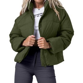 Cityork Women's Puffer Jacket Lightweight Oversized Long Sleeve Full Zipper Baggy Short Down Coats with Pockets Army Green M