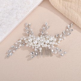 Teyglen Bride Pearl Wedding Hair Comb Silver Rhinestone Hair Piece Bridal Crystal Hair Comb for Women Bride Headpiece Elegant Hair Accessories